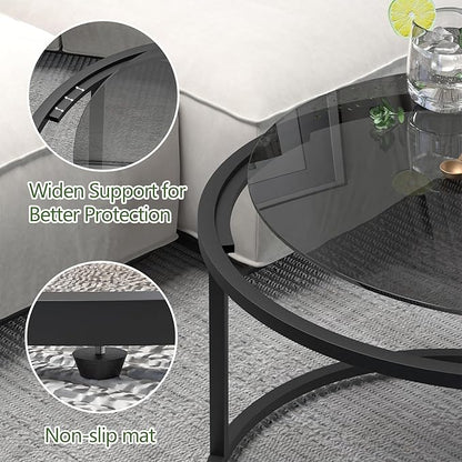Glass Coffee Table Modern Center Table,Minimalist Round Coffee Tea Table,Tempered Glass-top with Sturdy Metal Frame for Living Room Bedroom Office and Small Space, 27 x 27 x 17 Inch,Gray Black