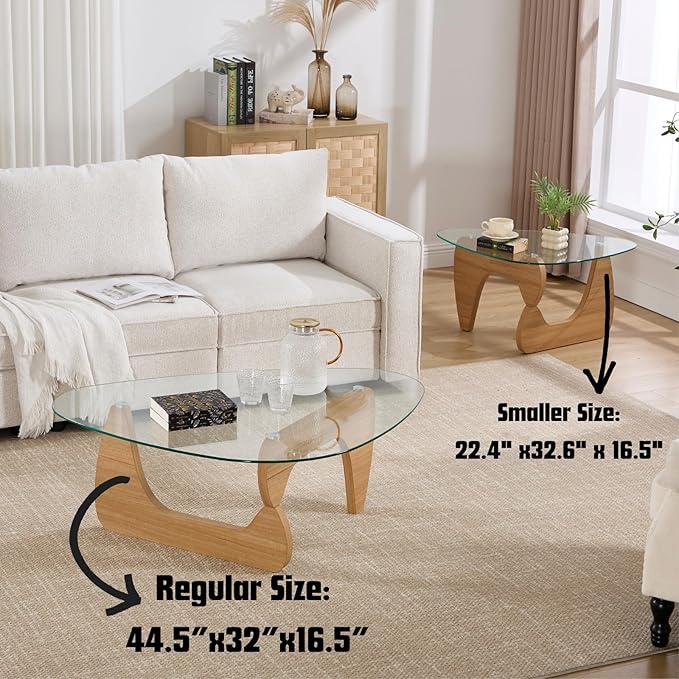 Modern Noguchi Coffee Table, Triangle Coffee Table with Tempered Glass Modern Vintage Glass Tea Table Wood Glass Accent Center Table for Living Room, 22.5"x32.5"x16", Log Transparent