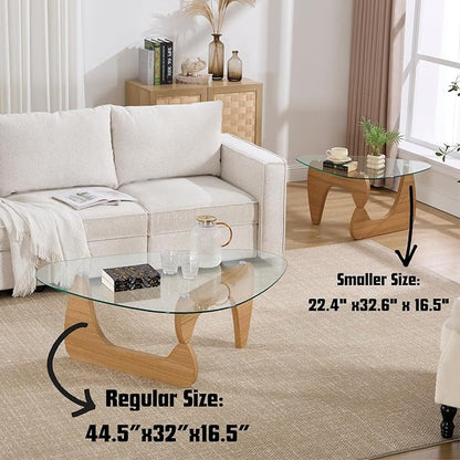 Modern Noguchi Coffee Table, Triangle Coffee Table with Tempered Glass Modern Vintage Glass Tea Table Wood Glass Accent Center Table for Living Room, 22.5"x32.5"x16", Log Transparent