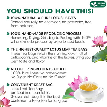 FreshDrinkUS, Premium 135 Lotus Leaf Tea Bags, 100% Natural & Pure from Lotus Leaves. Loose Leaf Lotus Herbal Tea. Made with Eco-Conscious Tea Bags. No Sugar, No Caffeine, No Gluten, Vegan.