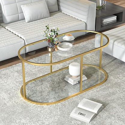Coffee Table Gold Glass Coffee Table for Living Room,2 Tiers Oval Center Table with Sturdy Metal Frame,Modern Tempered Glass Accent Table for Bedroom Home Office