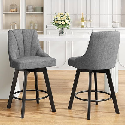 Swivel Bar Stools with Backs, 24" Counter Height Bar Stools Set of 2, Fabric Upholstered Counter Barstools with Solid Wood Legs for Kitchen Island, Home Bar, Dark Gray