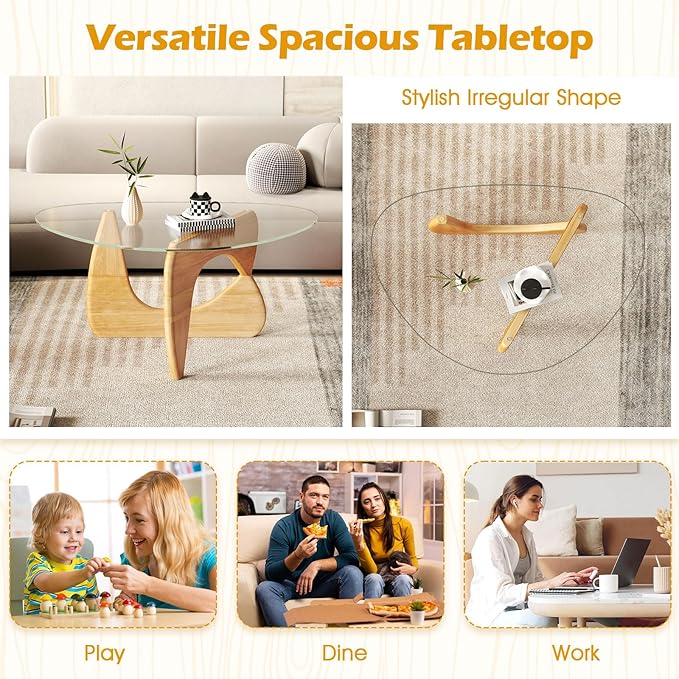 Giantex Triangle Glass Coffee Table, Solid Wood Tea Table with Tempered Glass Top & Adjustable Base, Small Accent Table for Small Spaces, Mid Century Modern Center Table for Living Room (Natural)