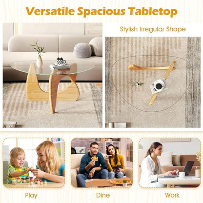 Giantex Triangle Glass Coffee Table, Solid Wood Tea Table with Tempered Glass Top & Adjustable Base, Small Accent Table for Small Spaces, Mid Century Modern Center Table for Living Room (Natural)
