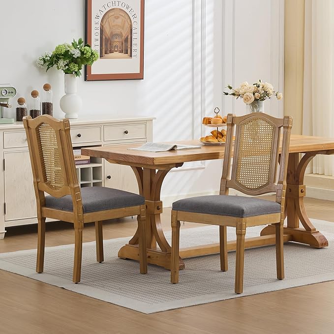 Vintage French Country Dining Room Chairs Set of 8, Rattan Dining Chairs with a Designer Backrest, Upholstered Dining Chair, Sillas para Comedor, Kitchen & Dining Room Chair (Gray, Rattan, 8Pcs)