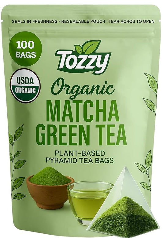 Tozzy Organic Matcha Green Tea - 100 Count | Pyramid Tea Bags (Plant-Based & Eco-conscious) | Ceremonial Matcha + Whole Leaf Sencha | Pure Ingredients