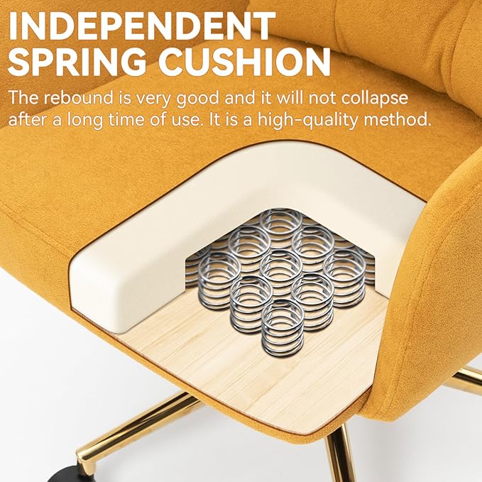 Flannel Office Chair, Comfy Home Office Desk Chairs with Lumbar Support, Modern Velvet Desk Chair Gold Legs Small Swivel Task Chair for Home Office, Bedroom, Study (Yellow, L)