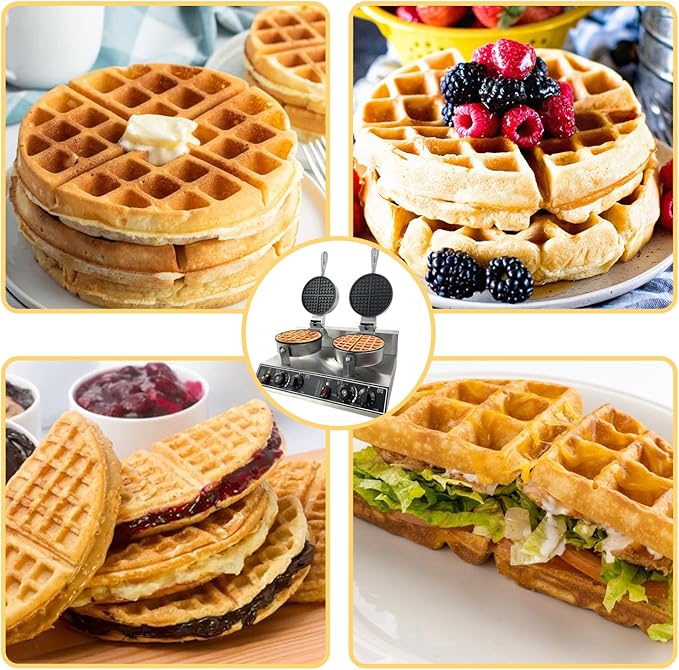 Double Head Commercial Waffle Maker, 2400W Stainless Steel Nonstick Waffle Iron with 122℉ to 572℉ Temp Range & Time Control, Perfect for Home Cafe Restaurant Snack Bar Bakeries