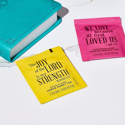 Thoughtfully Gourmet, Tea Affirmations Christian Prayer Gift Set, Includes 6 Flavours of Tea with Bible Verses from Psalms and Other Books to Rejoice, Pack of 90