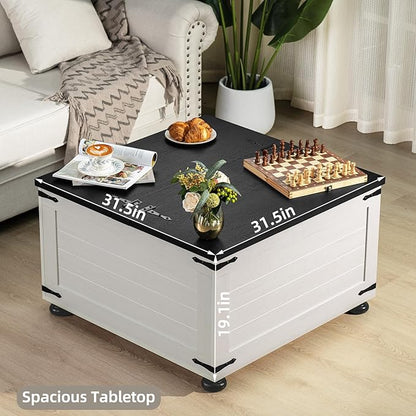 Farmhouse Coffee Table with Hidden Storage, Square Large Center Table for Living Room, Vintage Cocktail Tables with Flip-Top Lids, Farm House Tables with Wood Gourd Feet, Antique White & Black