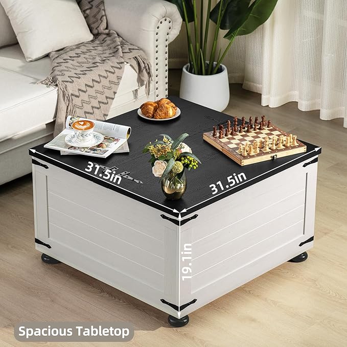 Farmhouse Coffee Table with Hidden Storage, Square Large Center Table for Living Room, Vintage Cocktail Tables with Flip-Top Lids, Farm House Tables with Wood Gourd Feet, Antique White & Black