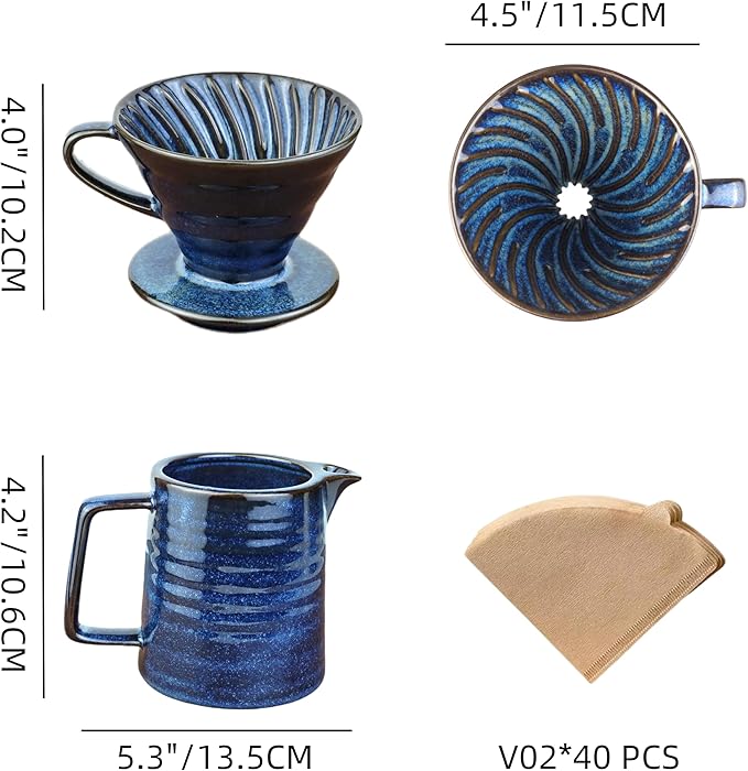 Pour Over Coffee Maker,Ceramic Coffee Maker With 40 pcs V60 Paper Filter，15oz/450ml Pour Over Coffee Dripper (Starry Blue, V02)