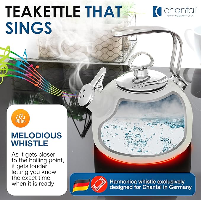 Chantal Classic Teakettle, 1.8 QT, Enamel On Steel, 2-Tone Harmonica Whistle, Rapid Boil and Even Heating (Spearmint)