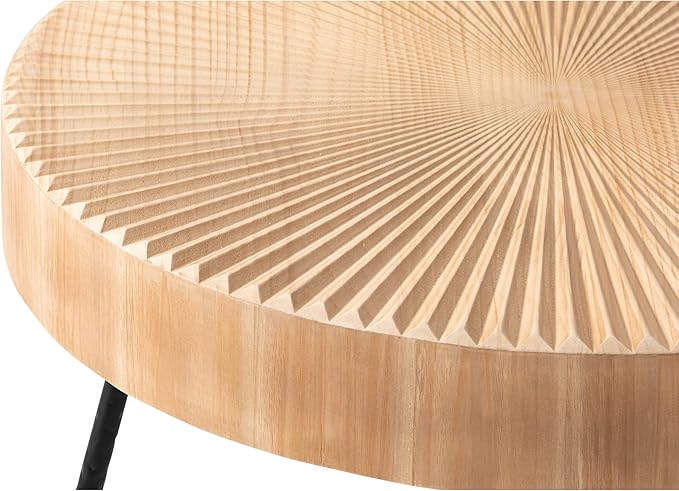 LONYKE 2-Piece Farmhouse Nesting Table Round with Handcrafted Wood Radial Pattern, Modern Coffee Table Set for Living Room