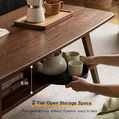 Modern Solid Wood Coffee Table, 2-Tier Small Wooden Coffee Table with Storage Shelf for Living Room, Apartment, Office, Walnut (48''D x 22''W x 18''H)