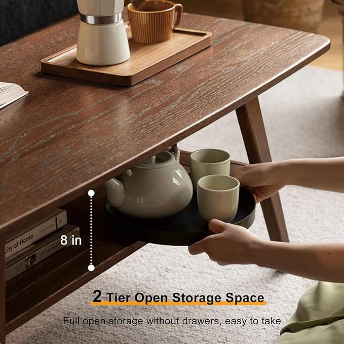 Modern Solid Wood Coffee Table, 2-Tier Small Wooden Coffee Table with Storage Shelf for Living Room, Apartment, Office, Walnut (40''D x 20''W x 18''H)