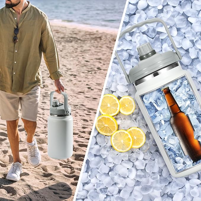 1 Gallon Thermosflask with Straw, 135oz Stainless Steel Insulated Water Bottle，4L Oversized Double Wall Vacuum Jug with Handle for Hot Cold Drinks, Wide mouth Icebuckets for Hiking Sports(White)