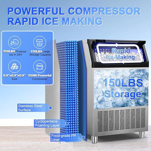 Commercial Ice Maker Machine 350Lbs/24H, 126pcs Ice Cubes Under Counter Ice Machine with Water Line and Filter, Freestanding Ice Maker Machine with 150Lbs Storage ice Bin for Home/Shop/Office/Bar