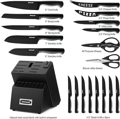 McCook® Premium Black Knife Sets,German Stainless Steel Kitchen Knives Block Set with Built-in Sharpener