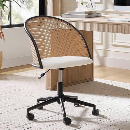 HULALA HOME Rattan Home Office Desk Chair with Curved Backrest, Caster Wheels, Height Adjustable, Accent Task Computer Chair for Home Work, Conference, Dining Room, White