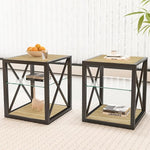 Load image into Gallery viewer, Modern End Table Set of 2 for Living Room 17.7" Bedroom Nightstand, Tempered Glass Shelf &amp; Rustic Wood MDF Top Square Side Tables 2 Pack, Industrial Natural