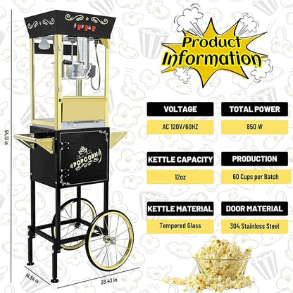 Vintage Popcorn Machine with Cart, 12oz Popper Stainless-Steel Kettle & Warming Light, Makes Up to 60 Cups, Ideal for Family Gatherings, Movie Theaters & Amusement Parks, Black&Gold