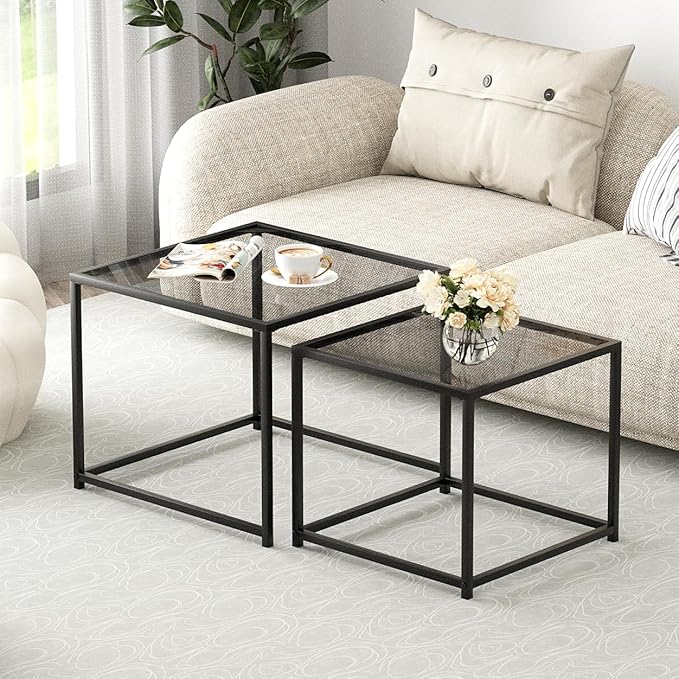 VILAWLENCE Coffee Table Set of 2, Modern Grey Glass Side Table, Metal Frame Square End Table, Center Tables, Nesting Coffee Table for Living Room, Bedroom and Small Spaces, 23.6in