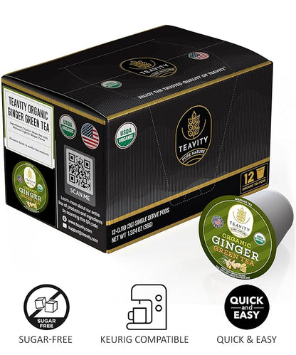 Green Tea & Ginger Tea Pods for Keurig - Caffeinated, Organic, Dye Free, Unsweetened, Herbal Blend for K Cup Machines - Hot or Iced (12 Tea Pods)