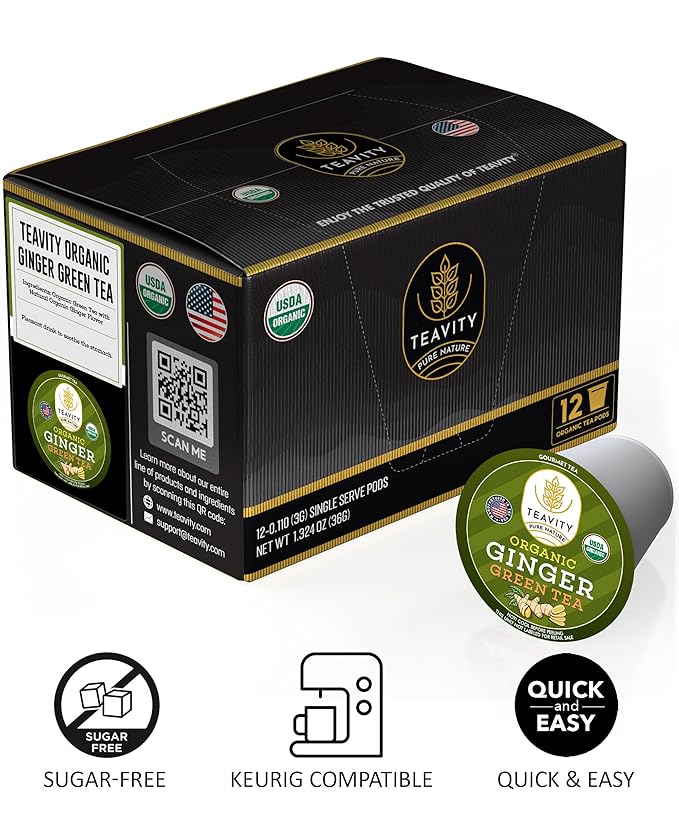 Green Tea & Ginger Tea Pods for Keurig - Caffeinated, Organic, Dye Free, Unsweetened, Herbal Blend for K Cup Machines - Hot or Iced (36 Tea Pods)