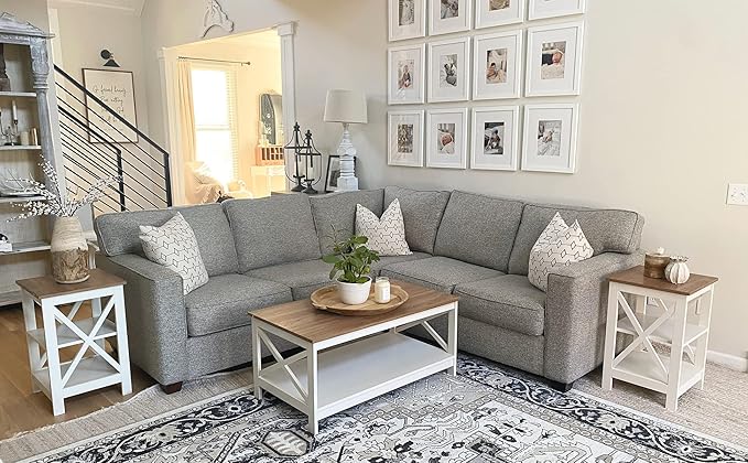 PHI VILLA Farmhouse Coffee Table for Living Room, White Coffee Tables with Storage Rustic Style Modern End Table Set