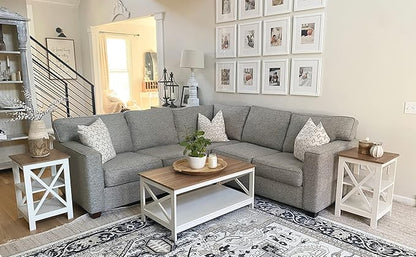 PHI VILLA Farmhouse Coffee Table for Living Room, White Coffee Tables with Storage Rustic Style Modern End Table Set