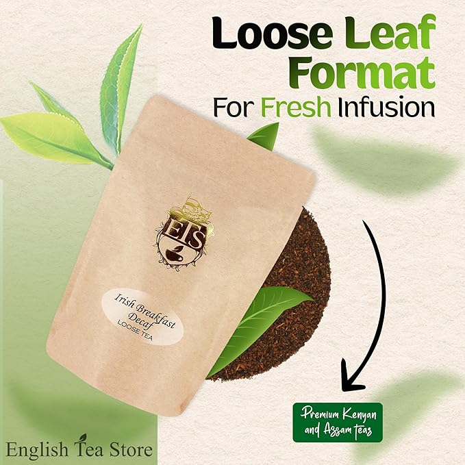 English Tea Store CO2 Decaffeinated Irish Breakfast Tea Pouches - 4oz | Loose Leaf Black Tea | Bold Full-Bodied Flavor | Blend of Assam and Kenyan Teas | Naturally Decaffeinated Using CO2 Process