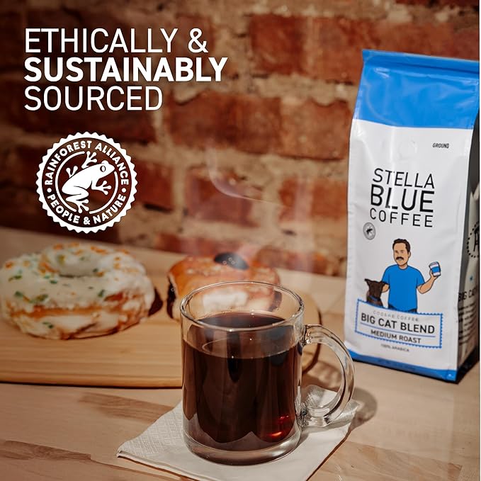 Stella Blue Ground Coffee, Big Cat Blend, Medium Roast, Fresh Coffee Ground 100% Arabica, Smooth Balanced Roast with Distinct Flavor Notes, Ethically Sourced Coffee Beans, 12 oz Bag