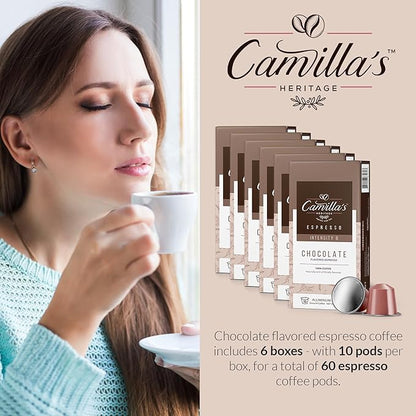 Camilla’s Heritage - Intensity 8 Chocolate Flavored Espresso Coffee, Gourmet Espresso Cups, 60 Coffee Pods