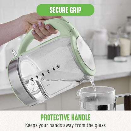 GreenLife 1.7 Liter Glass Electric Kettle, Easy One Touch Use, Quick Heating, Filtered Spout, LED Base, Auto Shut-Off, Cordless Serving, Coffee and Tea, Sage Green