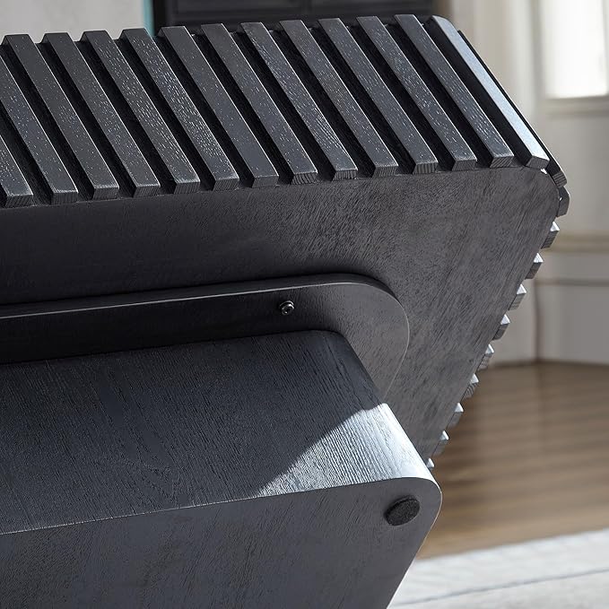 Square Wood Coffee Table for Living Room Modern Drum Wooden Fluted Handcraft Center Tea Cocktail Small Space, Easy Assembly 31.5" W x13.77 H Black