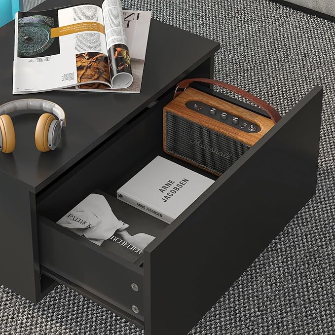 Black Led Coffee Table for Living Room, Rectangular Living Room Table with Storage, Acrylic Coffee Tables with 2 Sliding Drawers, Wood Center Table for Reception Dinning Room