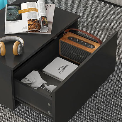 Black Led Coffee Table for Living Room, Rectangular Living Room Table with Storage, Acrylic Coffee Tables with 2 Sliding Drawers, Wood Center Table for Reception Dinning Room