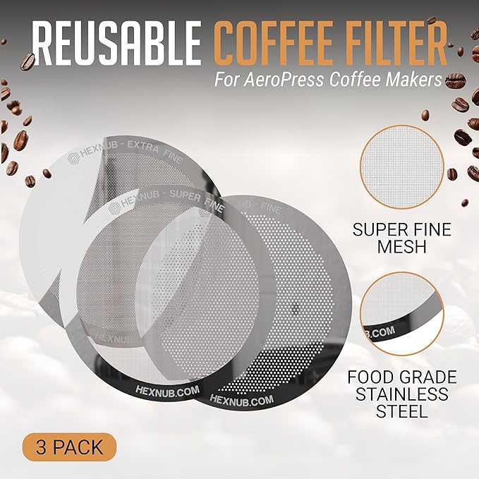 HEXNUB - Reusable Metal Filter for AeroPress Coffee Maker, Stainless Steel Filter Fits AeroPress Original & Go Coffee Press, Fuller Bodied Coffee Than Paper Filters - SILVER 3-PACK