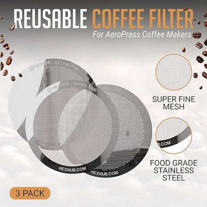 HEXNUB - Reusable Metal Filter for AeroPress Coffee Maker, Stainless Steel Filter Fits AeroPress Original & Go Coffee Press, Fuller Bodied Coffee Than Paper Filters - SILVER 3-PACK