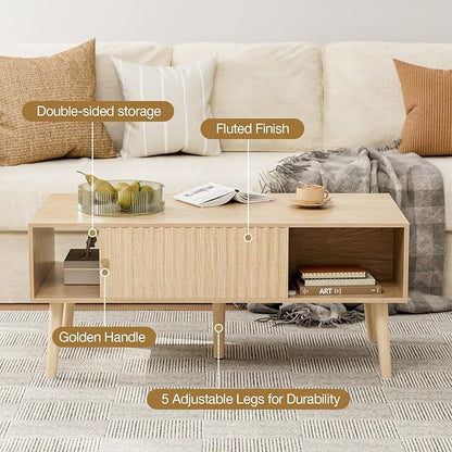 Coffee Table with Storage, Boho Dining Table with Sliding Fluted Door and Solid Wood Legs, Small Coffee Tables for Living Room, Oak