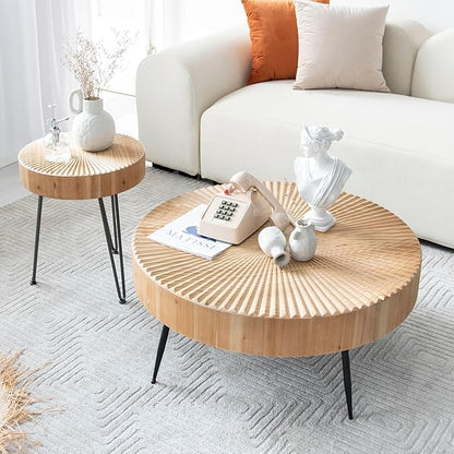 2-Piece Round Nesting Coffee Table Set, Natural Wood Top with Black Metal Legs, Radial Pattern – Rustic Farmhouse Accent for Living Room or Bedroom – Space-Saving Modern Furniture
