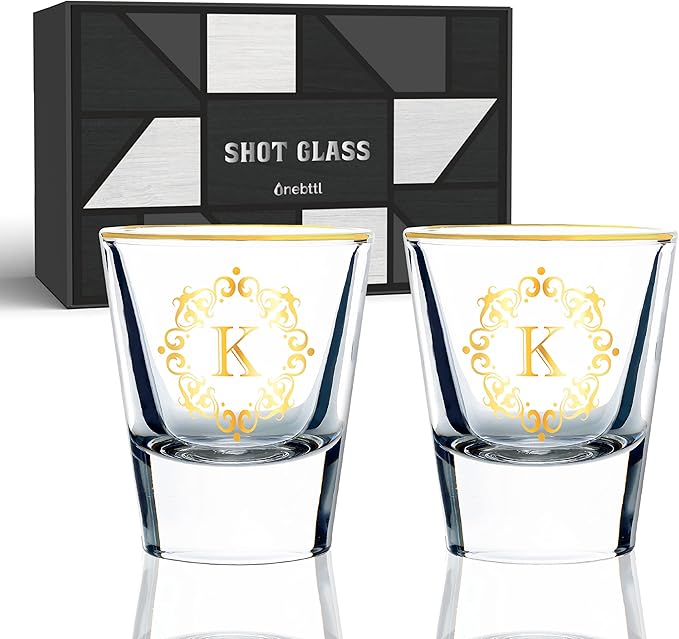 Personalized Shot Glass Set, Custom Gifts for Tequila, Vodka, or Whiskey Lovers, Birthday, Christmas Gifts for Him, Her, 2 Pack, with Initial K