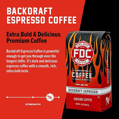 Fire Department Coffee - Gives Back to Firefighters - Backdraft Espresso Ground Coffee - Smooth & Rich - Roasted in the USA - Handcrafted with Premium Coffee Beans - Veteran Owned - 12 oz