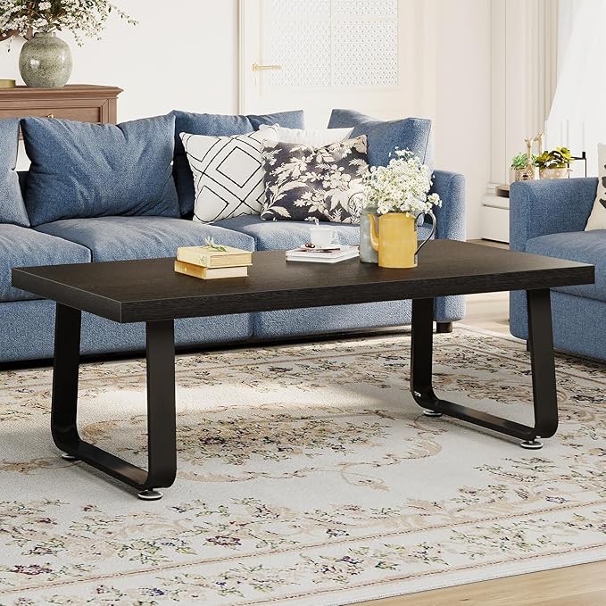 HSH Black Coffee Table, Industrial Wood and Metal Legs Center Table, Modern Minimalist Rectangle Cocktail Table for Living Room, Farmhouse Wooden Tea Table for Bedroom Home Office, Black Oak, 47 Inch