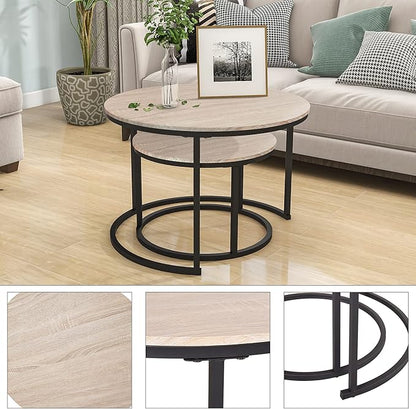Industrial Round Coffee Table Set of 2 End Table for Living Room,Stacking Side Tables, Sturdy and Easy Assembly,Wood Look Accent Furniture with Metal Frame,Black+Teak Oak