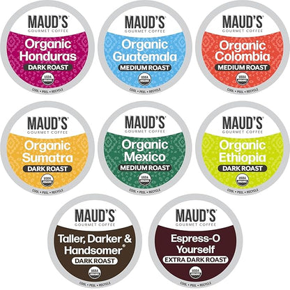 Maud's Organic Coffee Pods Variety Pack, 56 ct, 8 Assorted Flavors, Recyclable Single Serve Pods – 100% Arabica Coffee, Compatible with Keurig K Cups Maker