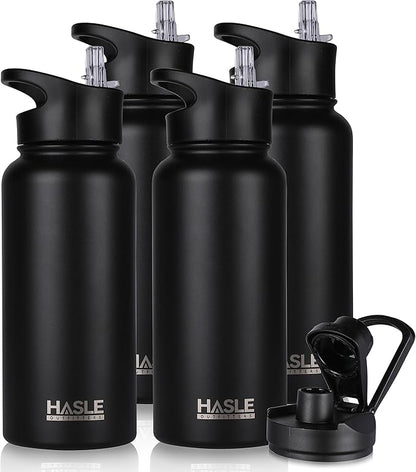 HASLE OUTFITTERS 32 oz Insulated Water Bottle Stainless Steel Double Walled Vacuum Sports Water Bottle with 2 Lids (Straw and Spout Lid) for Gym Camping Hiking(Black,4)