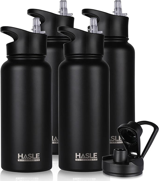 HASLE OUTFITTERS 32 oz Insulated Water Bottle Stainless Steel Double Walled Vacuum Sports Water Bottle with 2 Lids (Straw and Spout Lid) for Gym Camping Hiking(Black,4)