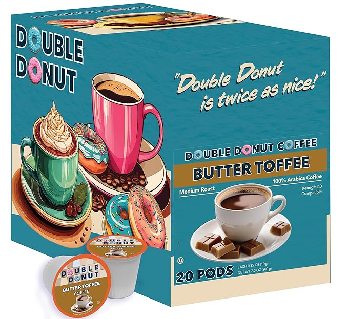 Double Donut Coffee Butter Toffee Flavored Coffee Pods, Medium Roast Coffee, compatible with Keurig K Cups Brewers, 20 Count